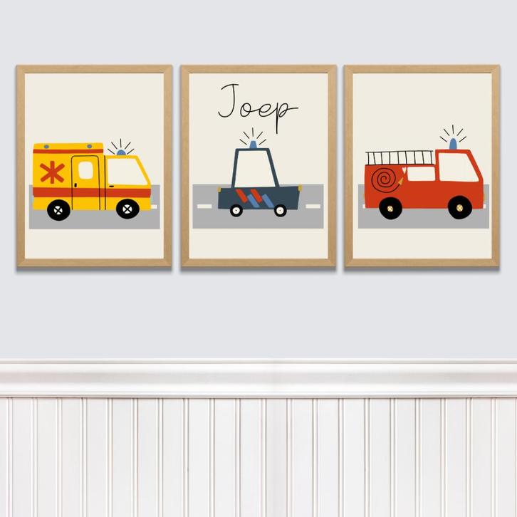 Ambulance, brandweer en politie posterset met naam, Kinderen en Baby's, Kinderkamer | Inrichting en Decoratie, Nieuw, Wanddecoratie