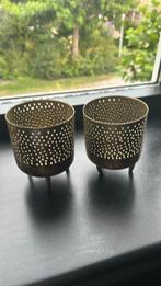 2 ijzeren plantenpotjes goudkleurig, Ophalen, Rond, Zo goed als nieuw, Minder dan 25 cm