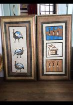 Twee Afrikaanse ingelijste doeken, parelhoen, hutje 52 x 101, Antiek en Kunst, Ophalen