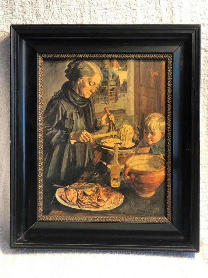 Paneeltje 'drie in de pan' in klassieke lijst 36 x 30 cm, Antiek en Kunst, Kunst | Schilderijen | Klassiek, Ophalen of Verzenden