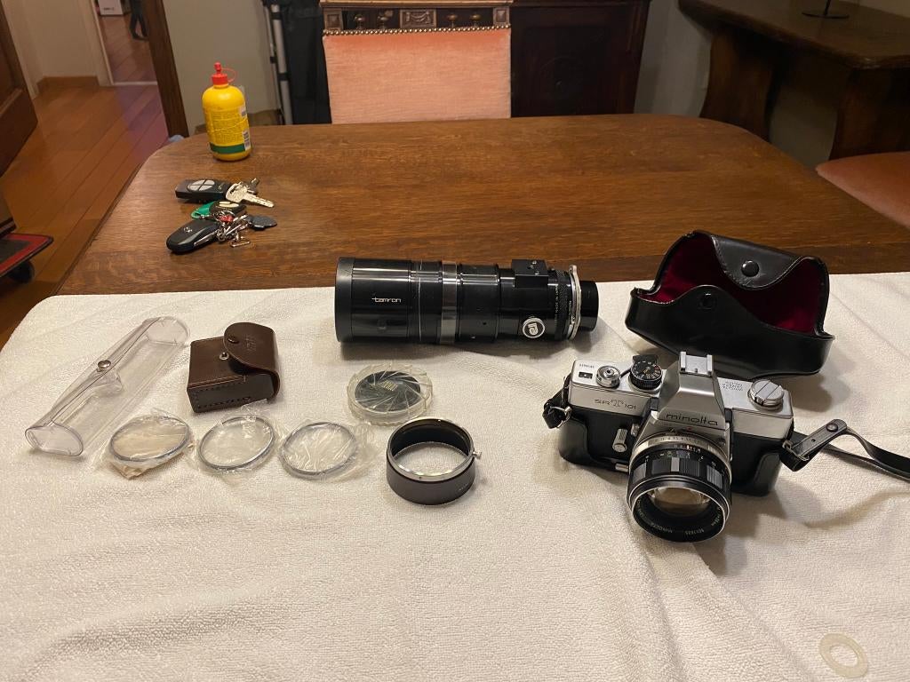 Fototoestel Minolta srT101 met extra Tamron 200 mm lens, Audio, Tv en Foto, Fotocamera's Analoog, Ophalen, Gebruikt, Spiegelreflex