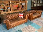 Twee prachtige stoere Chesterfield banken vintage cognac, Gebruikt, 125 cm of meer, Leer, Ophalen of Verzenden
