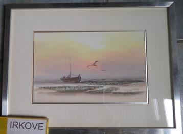 AQUAREL BOOTJE MET MEEUWEN * In Lijst * beschikbaar voor biedingen