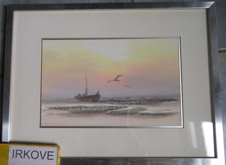 AQUAREL BOOTJE MET MEEUWEN * In Lijst *, Antiek en Kunst, Kunst | Schilderijen | Klassiek, Ophalen of Verzenden