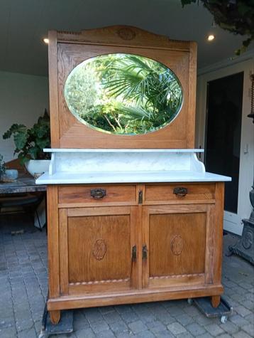 Antiek badkamermeubel wastafel marmer blad eiken spiegel oud beschikbaar voor biedingen