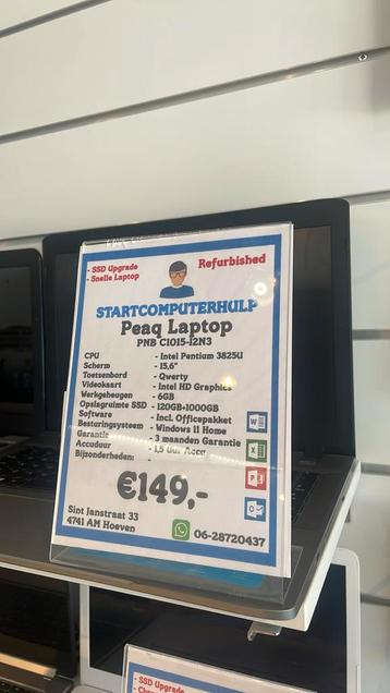 Peaq laptop | Intel 3825U | 15,6” | 120Gb+ 1TB | 3M Garantie beschikbaar voor biedingen