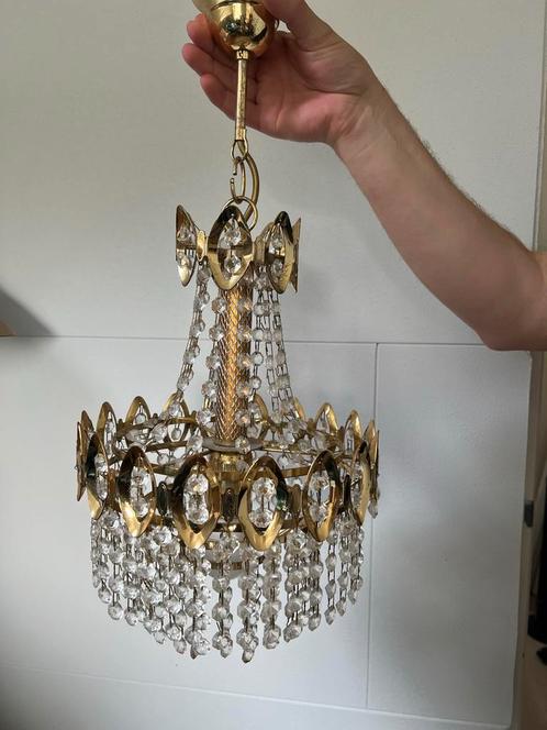 Vintage Kroonluchter Goud, Huis en Inrichting, Lampen | Kroonluchters, Gebruikt, Glas, Metaal, Ophalen of Verzenden