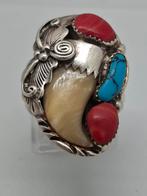 Zilveren Navanjo Ring met Turquoise & Bloedkoraal, Gebruikt, 19 tot 20, Ophalen of Verzenden, Dame of Heer