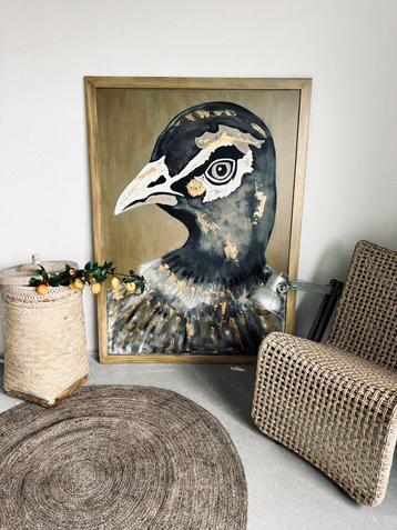 Groot schilderij xxl lijst kunst paneel vogel goud taupe beschikbaar voor biedingen