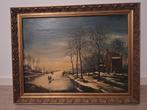 Oud schilderij winterlandschap met schaatsers, Ophalen of Verzenden