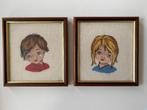 Twee vintage geborduurde kinderhoofdjes jongen en meisje, Ophalen of Verzenden