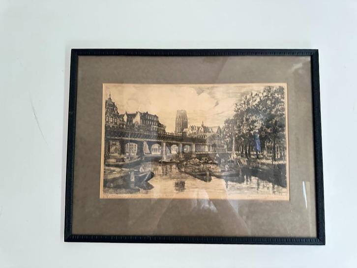 Marius Janssen Ets Gezicht op De Kolk Rotterdam, Antiek en Kunst, Kunst | Schilderijen | Klassiek, Verzenden