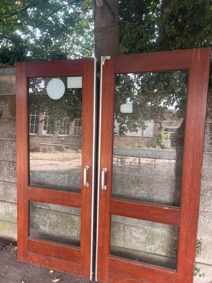Dubbele deur. Hardhout, glas., Doe-het-zelf en Verbouw, Deuren en Horren, Zo goed als nieuw, Binnendeur, 200 tot 215 cm, 80 tot 100 cm