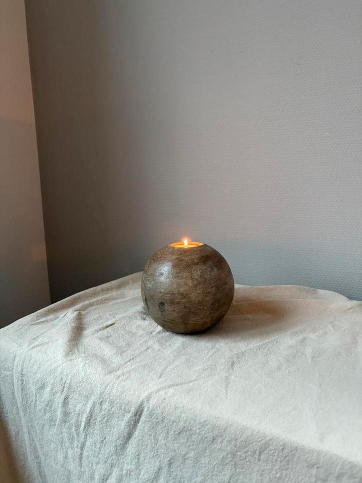 Vintage ceramic waxinelichthouder bruin taupe h13cm, Huis en Inrichting, Woonaccessoires | Kandelaars en Kaarsen, Zo goed als nieuw