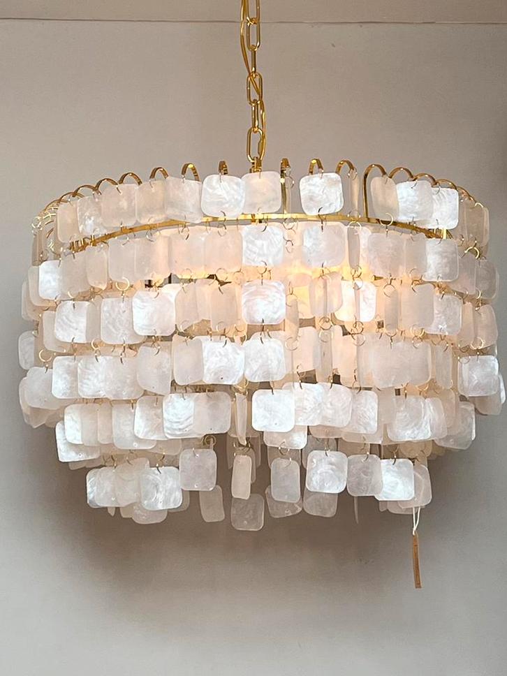 4 beschikbaar! Xl formaat Capiz vintage schelpen hanglampen, Huis en Inrichting, Lampen | Kroonluchters, Glas, Ophalen of Verzenden