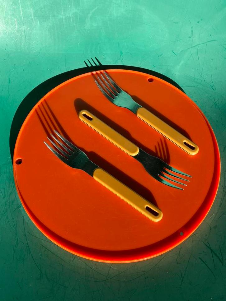 Vintage set van 3 vorken okergeel space age Rosti Mepal, Huis en Inrichting, Keuken | Bestek, Gebruikt, Los bestek, Kunststof