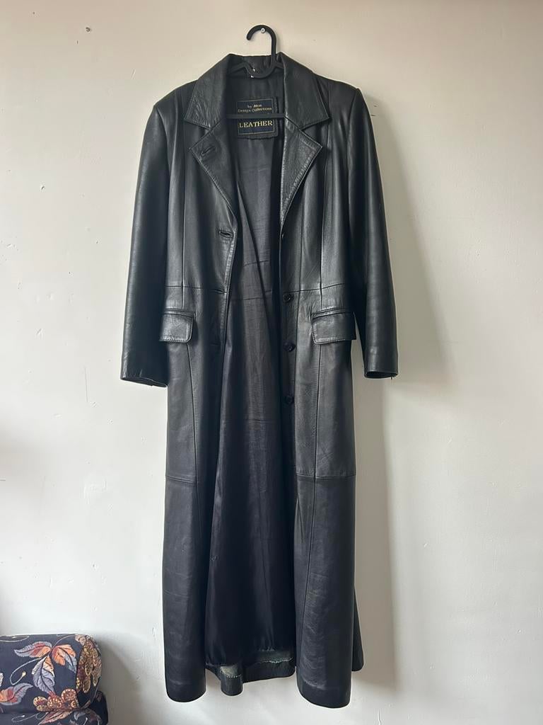 Vintage lange jas van leer, Ophalen of Verzenden, Gedragen, Maat 36 (S), Zwart