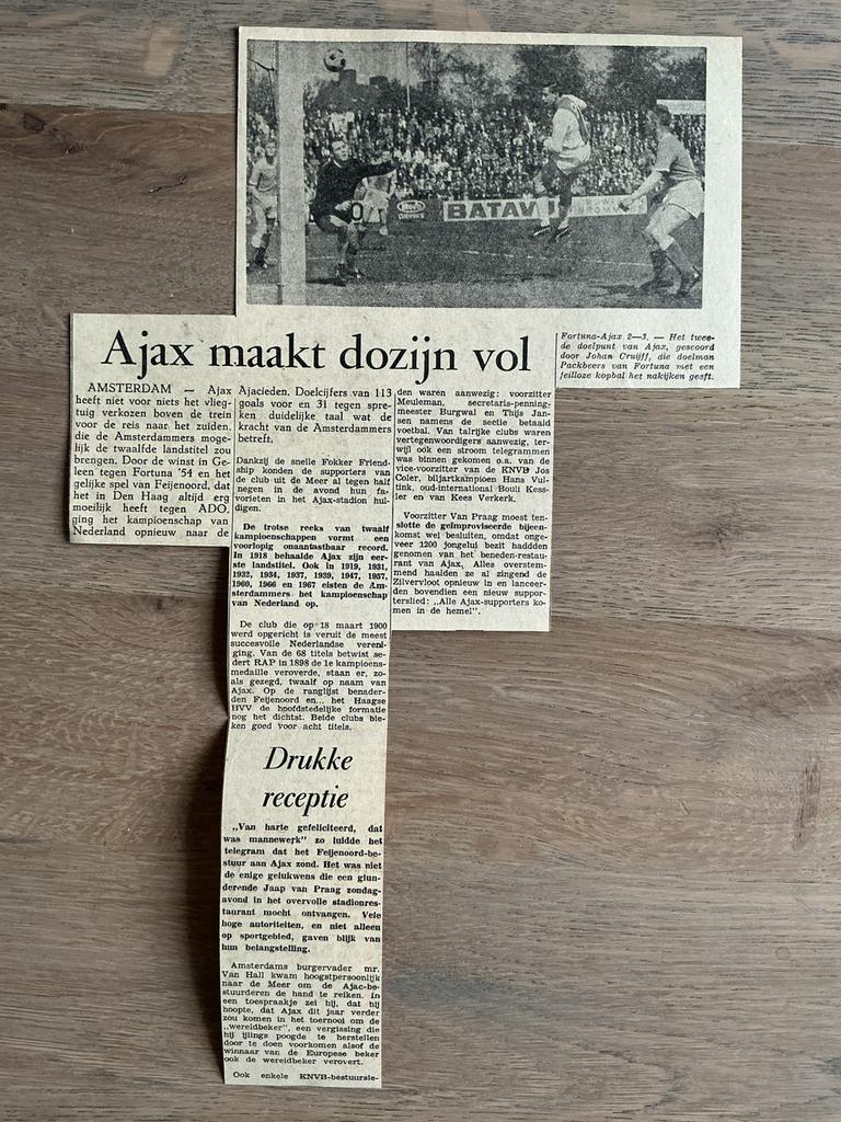 Voetbal krantenartikel Fortuna ‘54 Ajax mei 1967 Cruijff, Verzamelen, Ophalen of Verzenden, 1960 tot 1980, Knipsel(s)