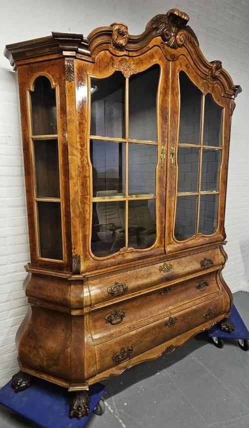 Hollands mahonie gefineerde porseleinkast. Hoogte 238 cm, Huis en Inrichting, Kasten | Vitrinekasten, Gebruikt, 200 cm of meer