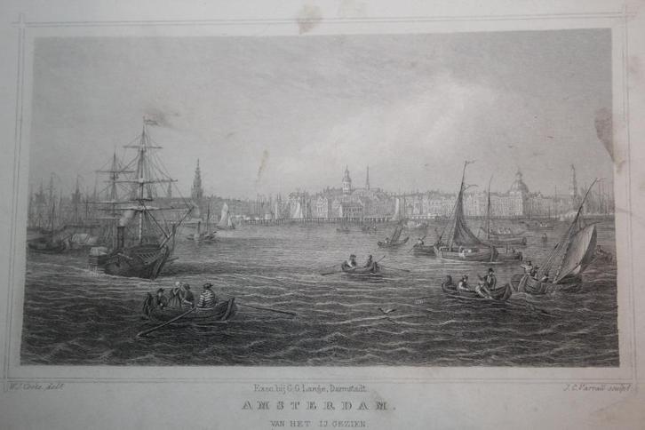 19e eeuwse ets (?) Amsterdam van het IJ gezien, Antiek en Kunst, Kunst | Etsen en Gravures, Ophalen of Verzenden