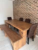 Steigerhout tafel met bank en 4 stoelen, Ophalen of Verzenden, Gebruikt, 4 tot 6 stoelen