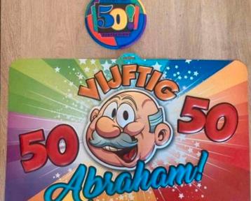 Abraham 50 jaar button en afbeelding plaat in 3D 58x38 cm