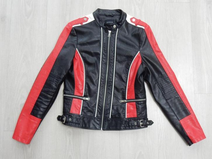 Jas leren jasje van kunstleer zwart rood, Coolcat maat S M, Kleding | Dames, Jassen | Zomer, Zo goed als nieuw, Maat 36 (S), Zwart