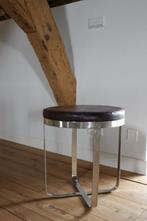 Mooie ronde hocker bijzettafel metaal zilver leer bruin
