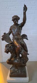 Bronskleurig zamak beeld van man op leeuw, Antiek en Kunst, Ophalen