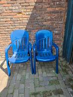 2 blauwe tuinstoelen, Ophalen, Gebruikt, Kunststof, Stapelbaar