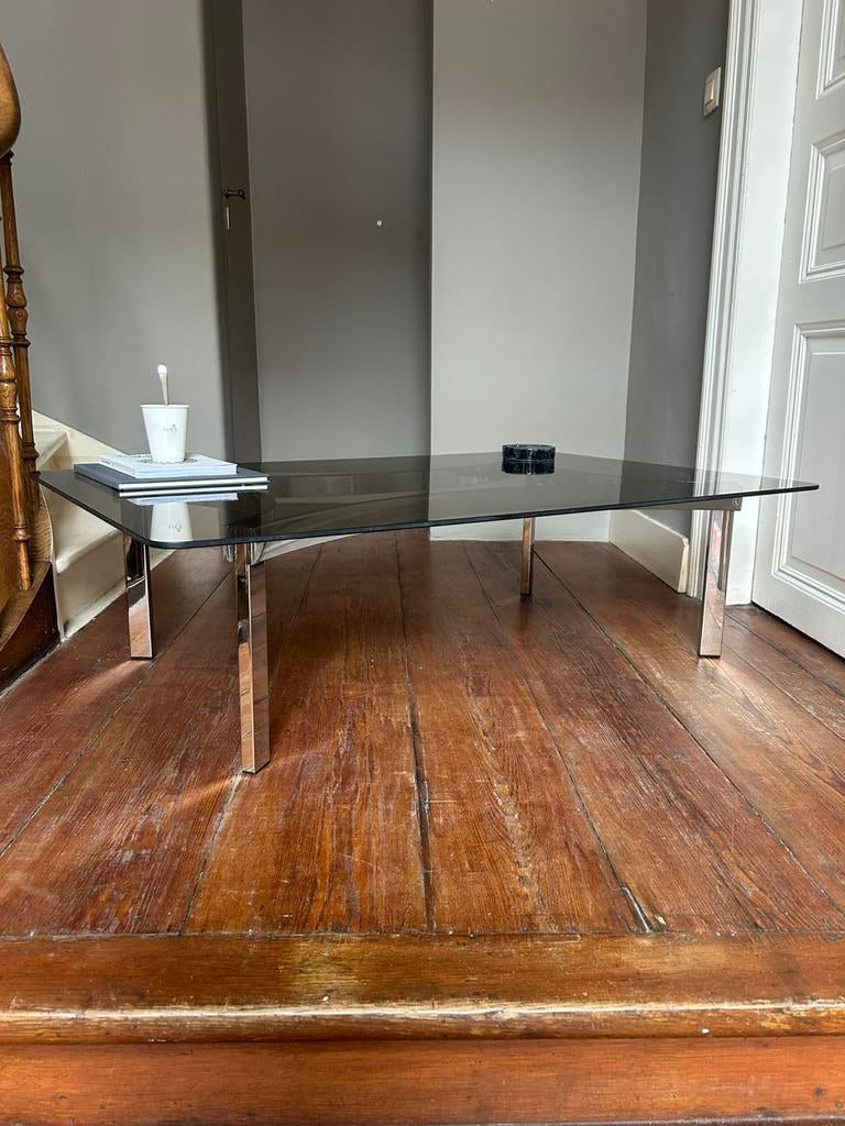 XL Space age chrome & smoked glas salontafel, 1970s, Huis en Inrichting, Tafels | Salontafels, Ophalen, 100 tot 150 cm, 50 tot 100 cm