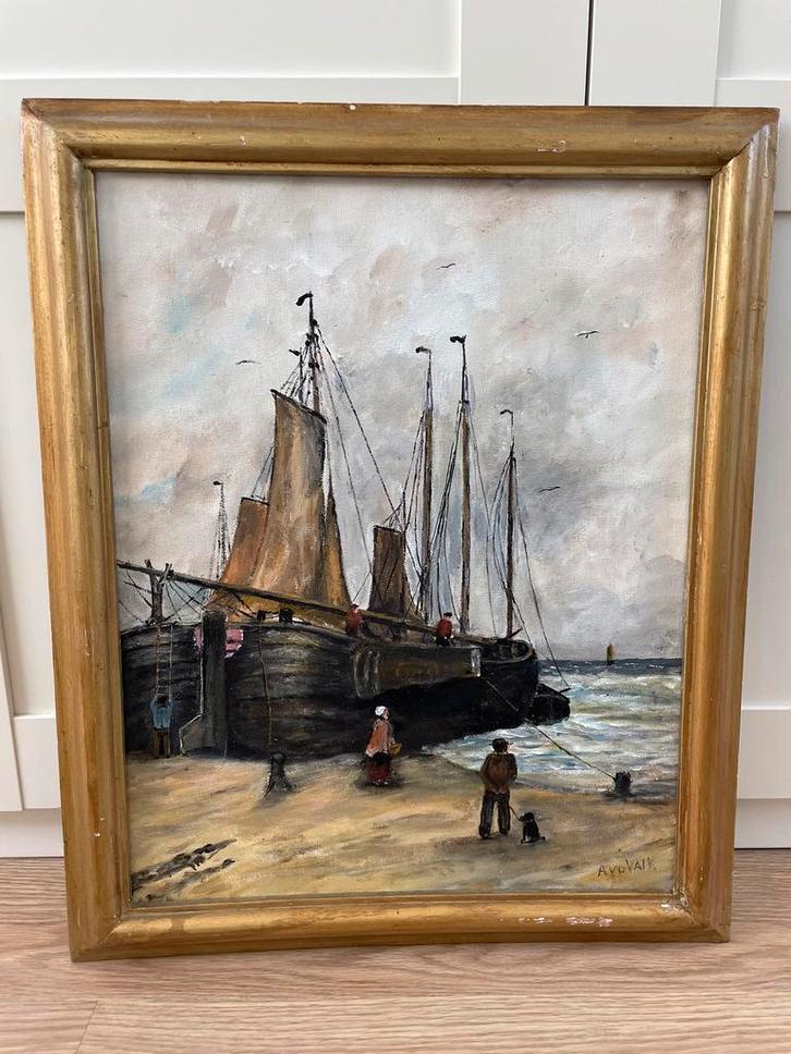 Schilderij boot op het strand (olie op doek) van A v d Valk, Antiek en Kunst, Kunst | Schilderijen | Klassiek, Ophalen
