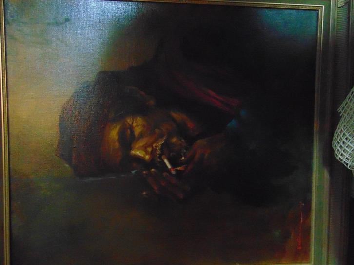 sfeervol schilderij cigaret opstekende man, Antiek en Kunst, Kunst | Schilderijen | Klassiek, Ophalen