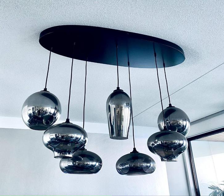 Lamp Eyecatcher smokey glass, Huis en Inrichting, Lampen | Hanglampen, Zo goed als nieuw, 75 cm of meer, Glas, Hout, Ophalen