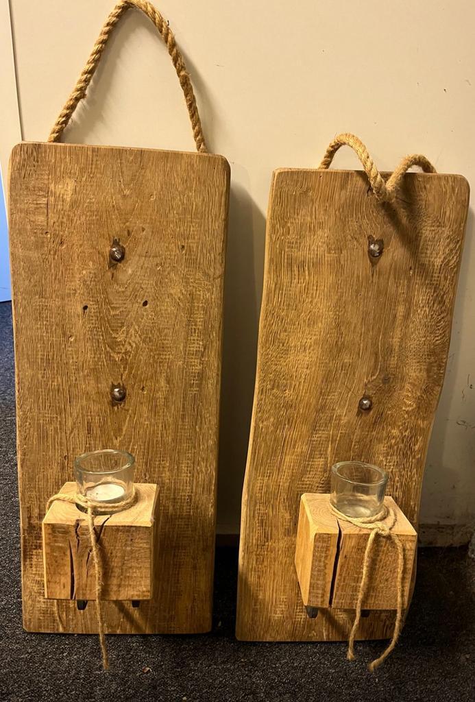 Eiken Windlichten - Set van 2, Huis en Inrichting, Woonaccessoires | Kandelaars en Kaarsen, Zo goed als nieuw, 25 tot 50 cm, Hout