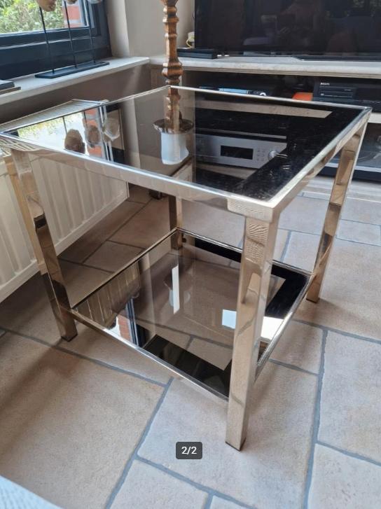 Glamoureuze Belgochrom glazen bijzettafeltje met twee lagen, Huis en Inrichting, Tafels | Bijzettafels, Zo goed als nieuw, Vierkant