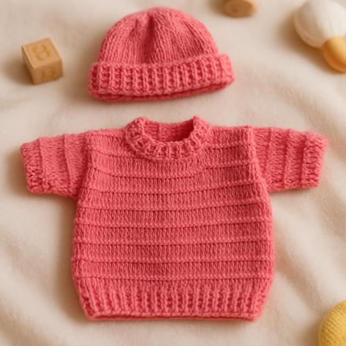 Handgebreid Poppenkleding Setje Trui & Muts - Roze, Verzamelen, Poppen, Nieuw, Kleertjes, Ophalen of Verzenden