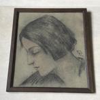 Houtskooltekening portret dame jaren 30 gesigneerd R v?Velde, Antiek en Kunst, Verzenden