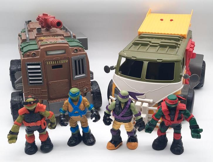 TMNT Shellraiser & TMNT Party Wagon Van bus + 4 Turtles!, Verzamelen, Poppetjes en Figuurtjes, Gebruikt, Ophalen of Verzenden