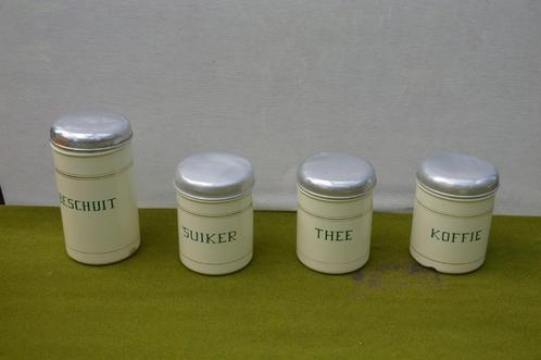 4 oude emaille koffie thee en suiker bussen + grote beschuit, Antiek en Kunst, Antiek | Emaille, Ophalen of Verzenden