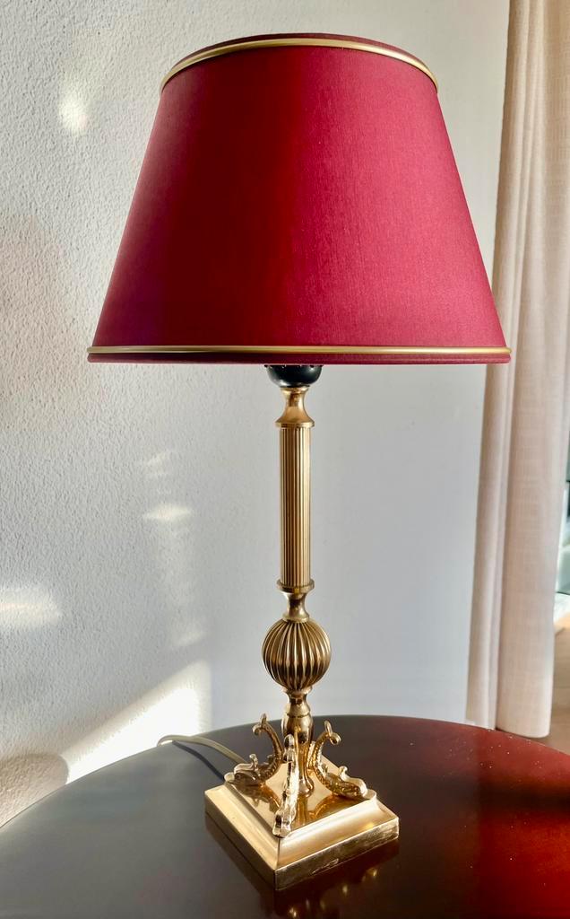 Messing tafellamp Hollywood Regency stijl, Huis en Inrichting, Lampen | Tafellampen, Zo goed als nieuw, Minder dan 50 cm, Glas