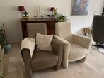 2 fauteuils leer en stof met kussen en 2 tafellopers, Huis en Inrichting, Fauteuils, 75 tot 100 cm, Ophalen of Verzenden, Zo goed als nieuw