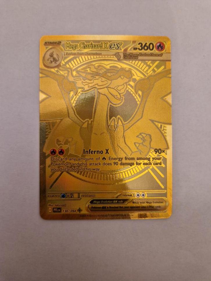 Mega Charizard X EX - Gouden Pokemon Kaart, Hobby en Vrije tijd, Verzamelkaartspellen | Pokémon, Nieuw, Losse kaart, Foil, Ophalen of Verzenden