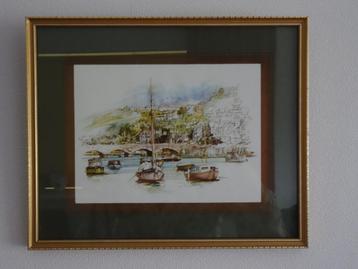 Twee prints tekeningen havenplaatsjes in Cornwall ingelijst beschikbaar voor biedingen