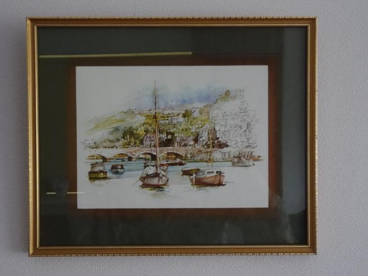 Twee prints tekeningen havenplaatsjes in Cornwall ingelijst, Antiek en Kunst, Kunst | Tekeningen en Foto's, Ophalen