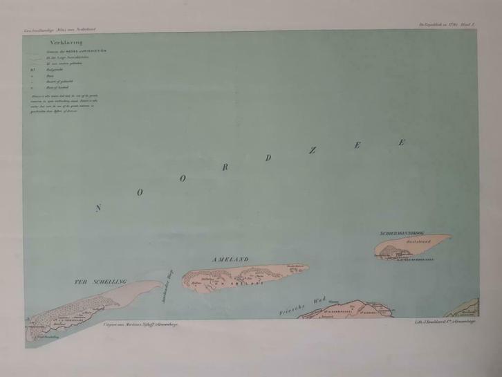 B112/ Plattegrond van De Wadden in 1795. Litho uit 1913, Antiek en Kunst, Kunst | Litho's en Zeefdrukken, Ophalen of Verzenden