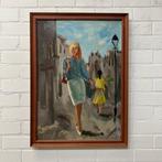 Oud schilderij poserende vrouw stad dorp parijs mode, Antiek en Kunst, Kunst | Schilderijen | Klassiek, Verzenden