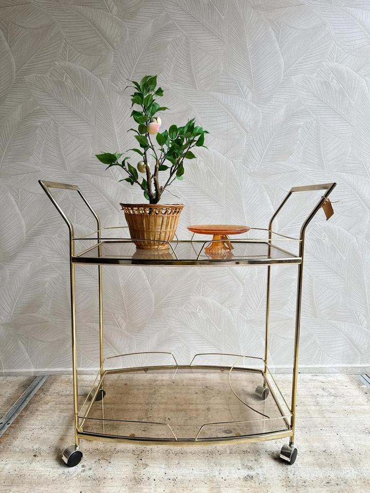 Vintage messing trolley / theewagen / serveerwagen rookglas, Huis en Inrichting, Barren, Zo goed als nieuw, Ophalen