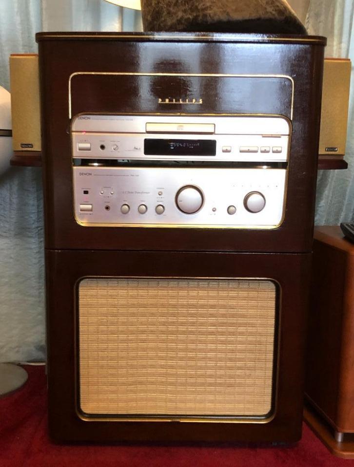 Denon vintage champagne stereo set in retro Philips kast., Audio, Tv en Foto, Stereo-sets, Refurbished, Cd-speler, Speakers, Denon