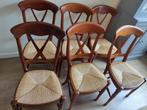 6 Franse stoelen met rieten en stoffen zitting, Huis en Inrichting, Ophalen, Frans, Bruin, Riet of Rotan